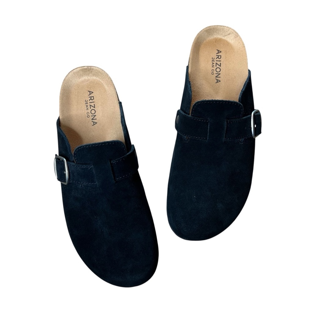 Arizona Jean Co Black Suede Clog Mule Pewter/Silver Buckle Cork Sole, Women’s 8